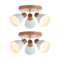 Set of 2 Lorel - Matt White & Wood Detail 3 Way Ceiling Spotlights
