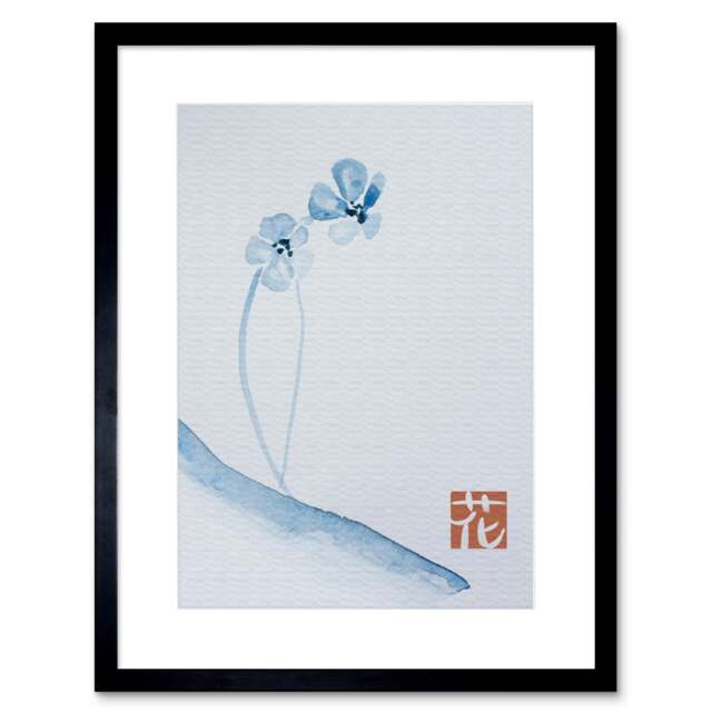 "Japanese Art Watercolour Viola Flower 9x7"" Black Framed Wall Art Print"