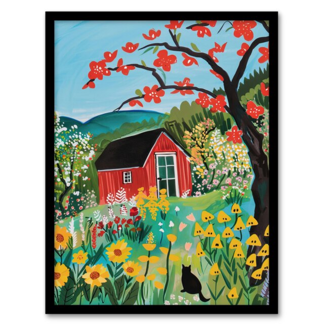 Red Cabin Wildflower Valley Colourful Living Room Black Framed Wall Art Print A4