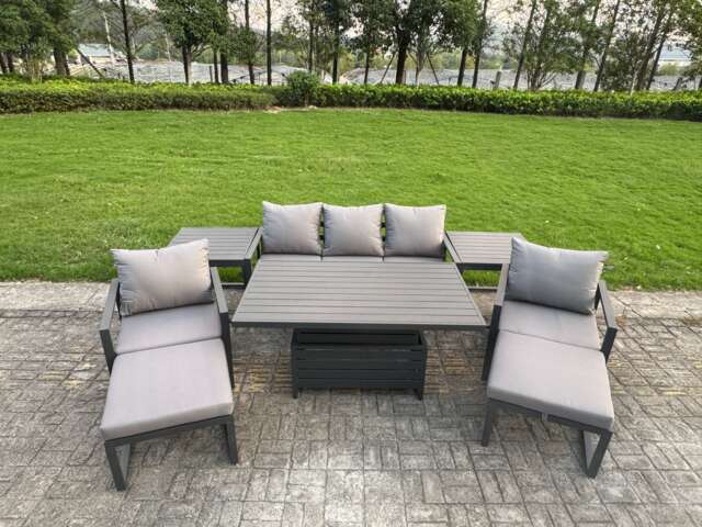 Fimous 8-Piece Aluminium Garden Furniture Sets 7 Seater Outdoor Sofa Set with Adjustable Rising Lifting Dining Table 2 Chairs 2 Big Footstools 2 Side Tables
