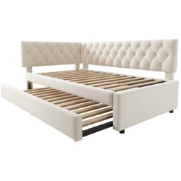 Abrihome 3FT Single Velvet Daybed 90x190cm with Pull Out Trundle and Slatted Frame, Sofa Bed for Adults and Kids, Beige