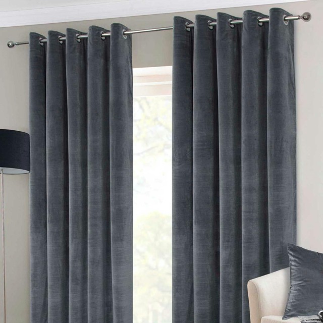 Homescapes Dark Grey Interlined Velvet Thermal Eyelet Curtain Pair - 90 x 90 Inches Grey Dark Grey