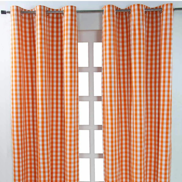 Homescapes Cotton Block Check Gingham Eyelet Curtains - 117 x 137 cm Orange Orange