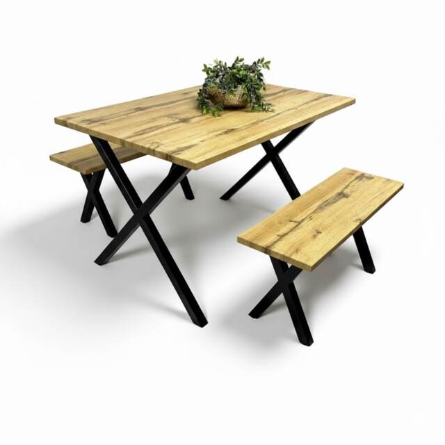 Dining Table and 2 Benches Set Brown Wooden With Metal Legs for Dining Room
