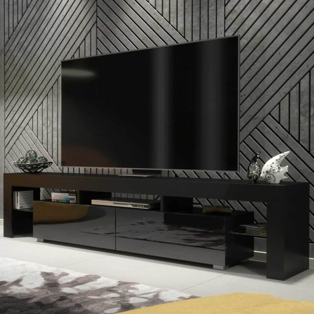 TV Stand TV Unit Cabinet Sideboard Media Cabinet Storage Entertainment Centre Black High Gloss Doors Living Room Furniture 200cm