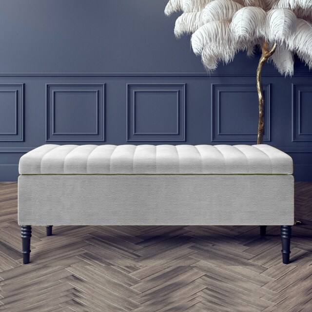 90cm Paris Striped Ottoman Storage Bench - Upholstered Shoes Bench with Black Turned Wooden Legs - Silver Naple Ottoman Bench