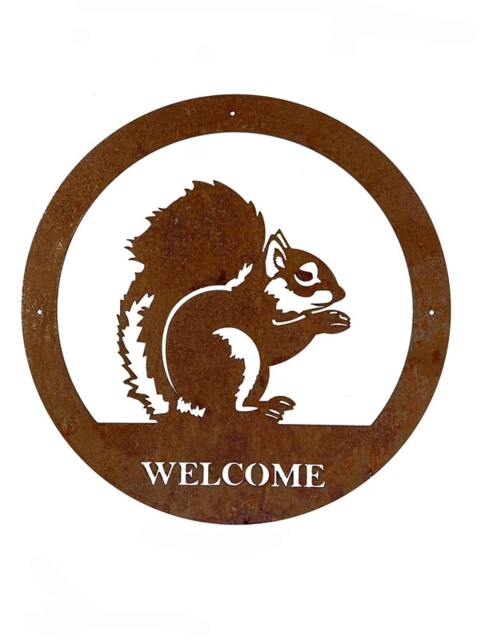 Squirrel Large Wall Art - With Text - Steel - W49.5 x H49.5 cm - Bare Metal/Ready to Rust Brown