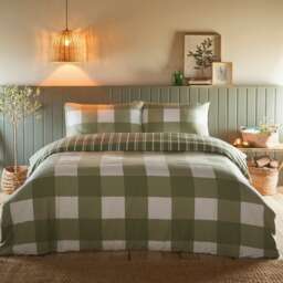 Glenmore Check Brushed Cotton Striped Reversible Duvet Cover Set With Pillow Case Green Single