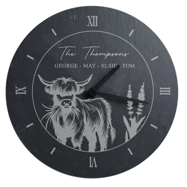 Personalised Highland Cow Slate Clock Black