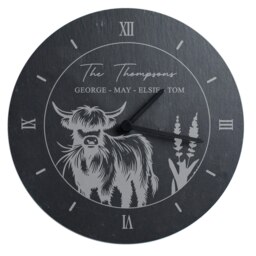 Personalised Highland Cow Slate Clock Black