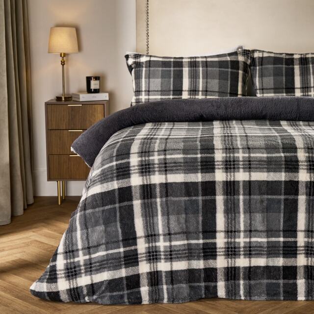 OHS Tartan Check Teddy Fleece Thermal Duvet Cover Bedding Set Grey Charcoal Single