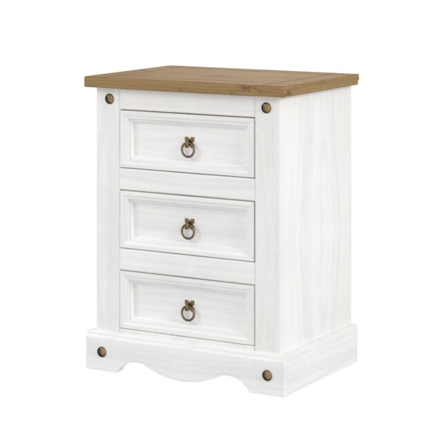 Corona 3 Drawer Premium Bedside Table - Solid Pine Nightstand with Metal Hardware White White Wax One Size 1