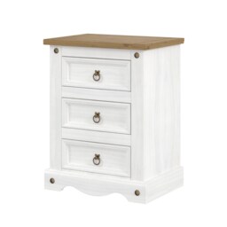 Corona 3 Drawer Premium Bedside Table - Solid Pine Nightstand with Metal Hardware White White Wax One Size 1