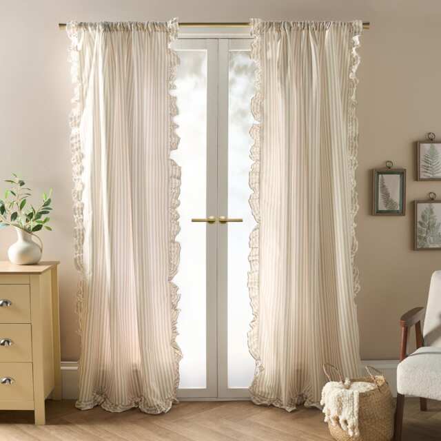 OHS Stripe Frill Voile Net Curtain Pair Window Panels Slot Top Set Brown Natural/Cream