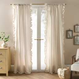 OHS Stripe Frill Voile Net Curtain Pair Window Panels Slot Top Set Brown Natural/Cream