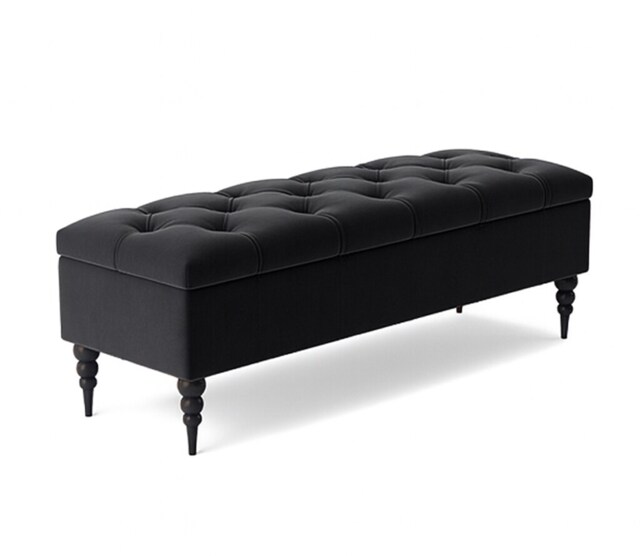 150cm Safar Ottoman bench with Storage and Turned Wooden Legs- Plush Velvet Shoes Bench - Black Chesterfield Storage Bench