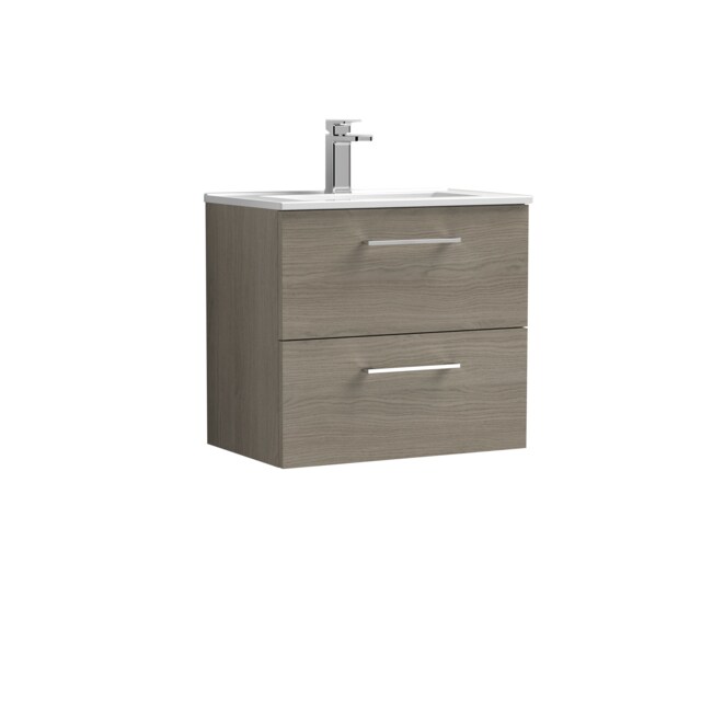 Balterley Level Contemporary Bathroom 2 Soft Close Drawer & Minimalist Wall Hung Vanity Unit Basin Brown Solace Oak 557 x 600 x 390mm