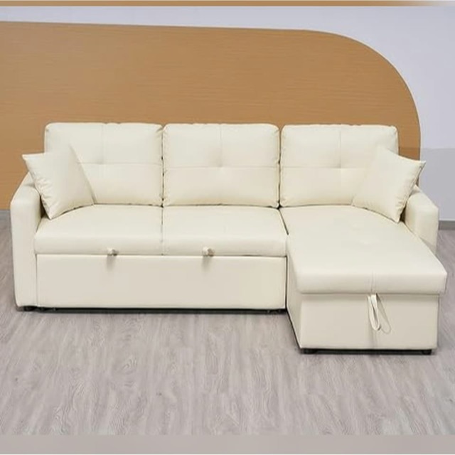 Milano 3 Seater L Shape Pullout Sofa Bed with Deep Storage Compartment & Reversible Chaise Cream Beige 1