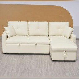 Milano 3 Seater L Shape Pullout Sofa Bed with Deep Storage Compartment & Reversible Chaise Cream Beige 1