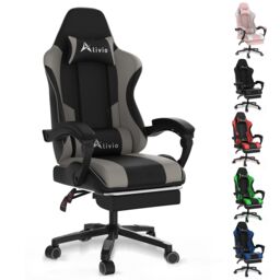 Alivio Ergonomic Gaming Chair with Massage Lumbar Cushion & Retractable Footrest, PU Leather Video Game Chair (Grey)