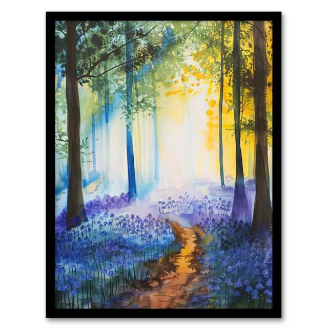 Bluebell Woods Misty Forest Morning Home Decor Black Framed Wall Art Print A4