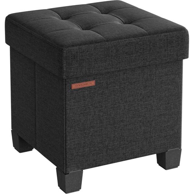 Small Ottoman Footrest with Storage, Foldable Cube Seat for Bedroom or Lounge, Ink Black
