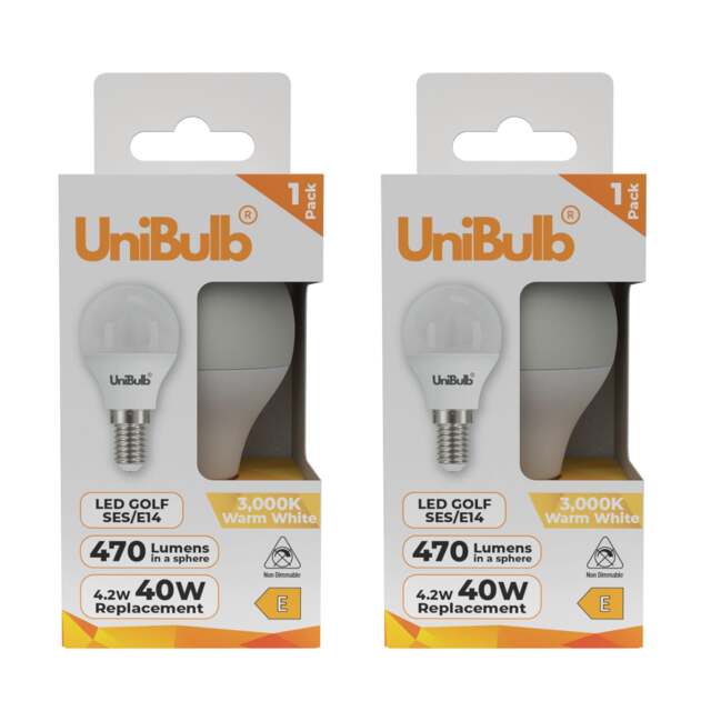 UniBulb LED Golf Ball E14 Small Edison Screw (SES) 470lm 4.2W (Replaces 40W) 3000K (Warm White) Light Bulb - Pack of 2 White Warm White 2