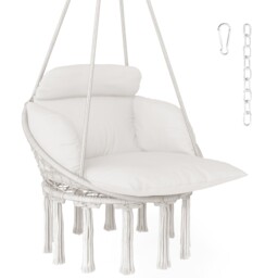 Outsunny Hammock Chair, Boho Hanging Swing Chair with Cushion, Cream White Cream Cream