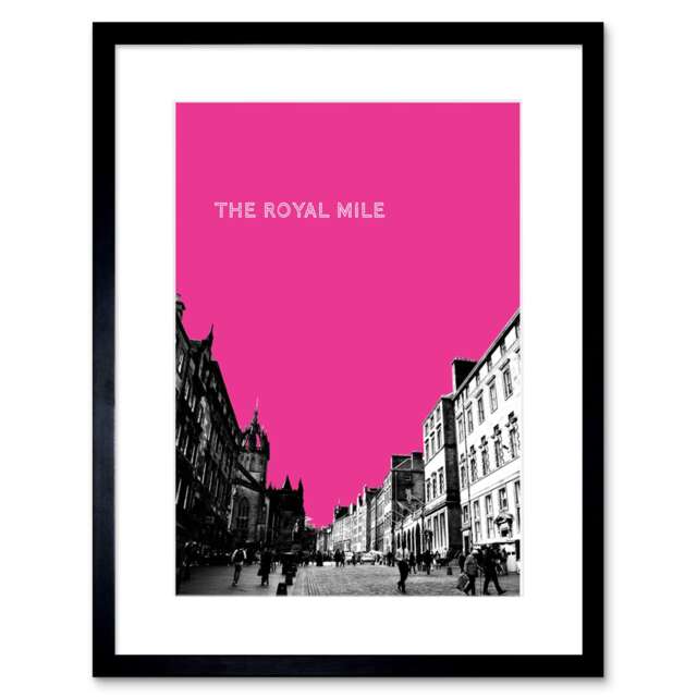 "Royal Mile Edinburgh Scotland Famous Street Pink 9x7"" Black Framed Wall Art Print"