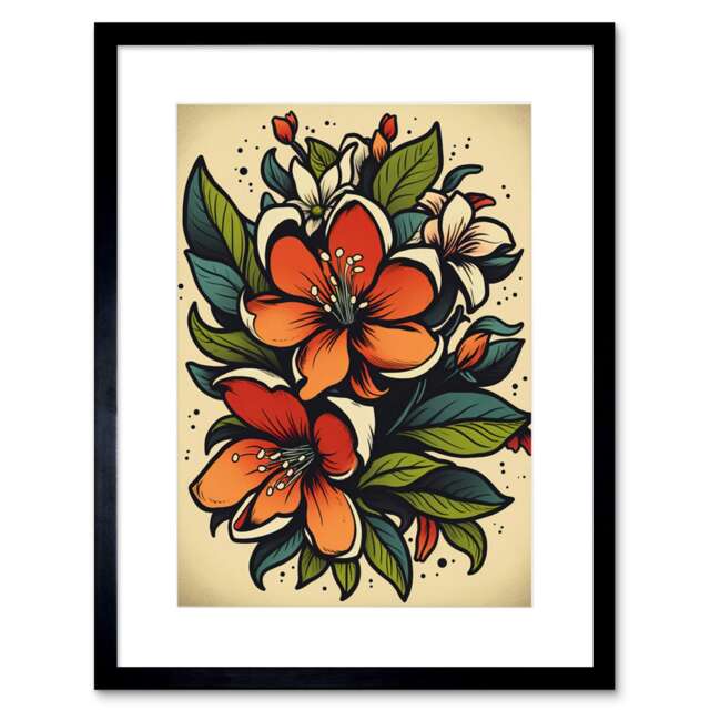 "Red Jasmine Flower Old School USA Tattoo Rockabilly 50s 9x7"" Black Framed Wall Art Print"
