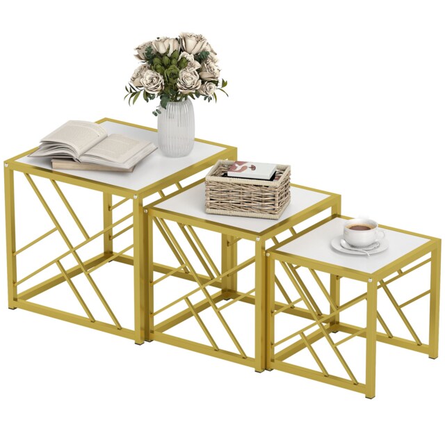 HOMCOM Set of 3 Nesting Coffee Tables Square End Tables w/ Metal Frame White White White