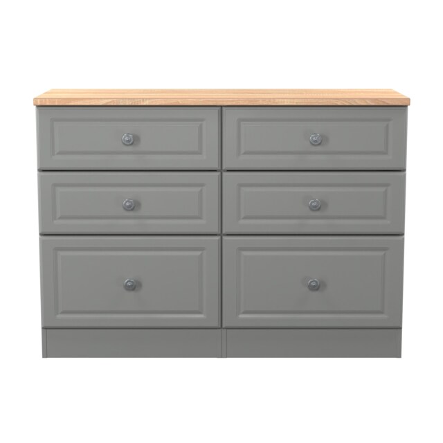Surrey 6 Drawer Wide Chest of Drawers in Dusk Grey & Bardolino Oak (Ready Assembled) Grey Dusk Grey & Bardolino Oak