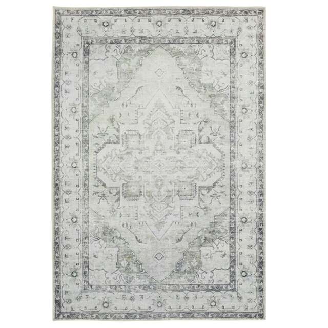 KUKOON Silver Grey Green Distressed Bordered Medallion Non Slip Washable Low Pile Rug 120cm x 170cm Silver