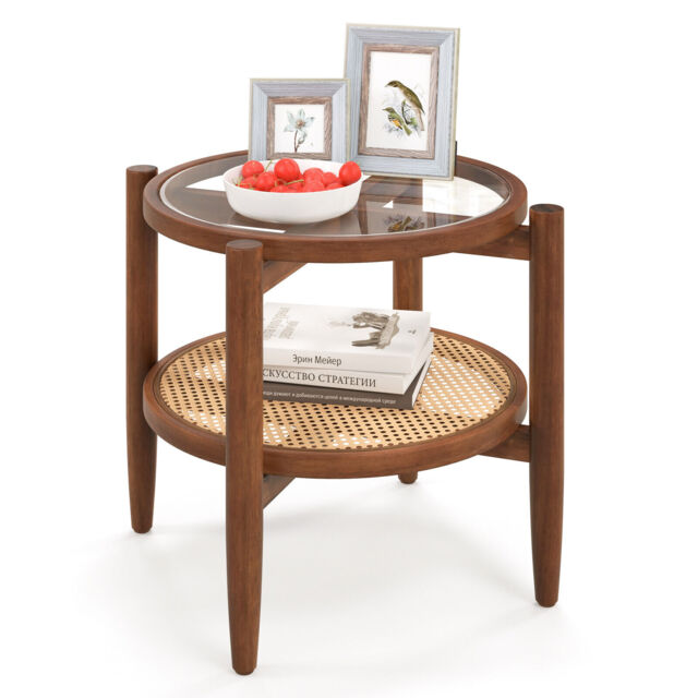 COSTWAY 2 Tier Round Side End Table PE Rattan Coffee Table Sofa Center Table Living Room