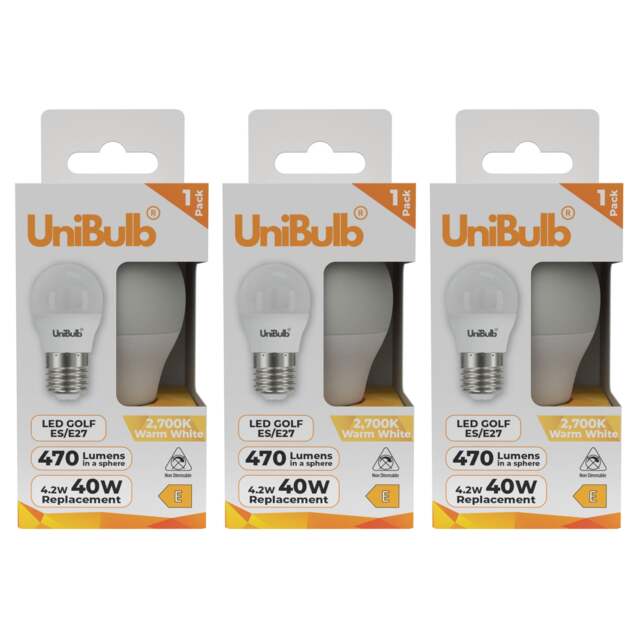UniBulb LED Golf Ball E27 Edison Screw (ES) 470lm 4.2W (Replaces 40W) 2700K (Warm White) Light Bulb - Pack of 3