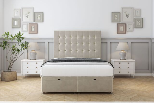 "Sloomy Alabama Cream Plush Ottoman Bed With Mattress With 54"" Floor Standing Headboard 2'6 Small Single"
