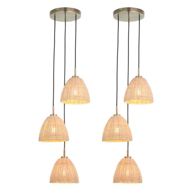 Set of 2 Celie - Rattan and Antique Brass 3 Light Cluster Pendants