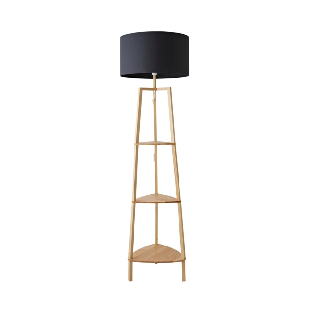 ValueLights Hiru Wooden 3 Tier Shelf Floor Lamp Charcoal Shade Grey