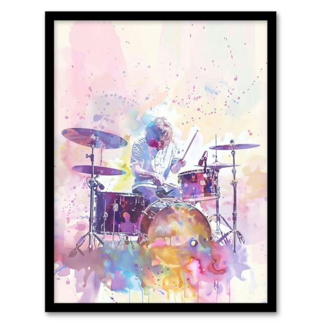 Rainbow Modern Watercolour Portrait Drummer Black Framed Wall Art Print A4