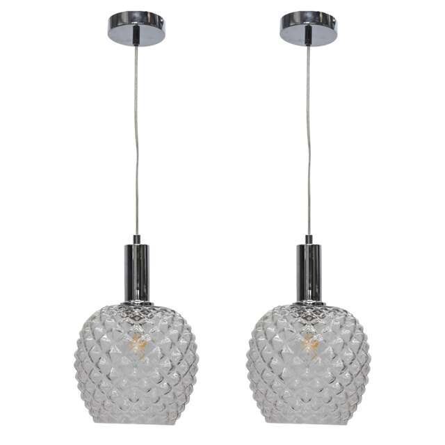 Set of 2 Baine - Clear Textured Glass Chrome Deco Pendant Fittings