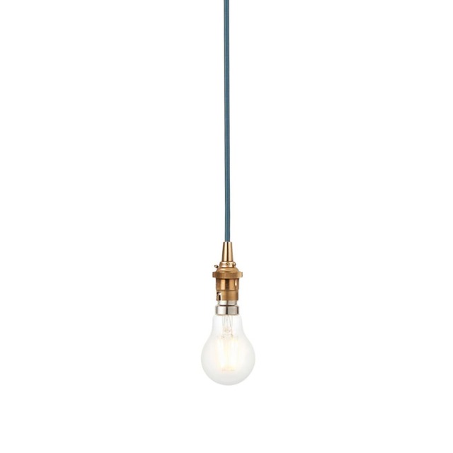 Eltham Slim Pendant Ceiling Light Brushed Aged Brass Plate, Blue Flex, 1x B22