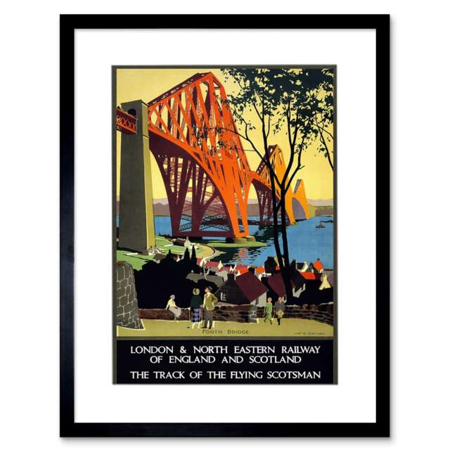 "Rail Flying Scotsman Forth Bridge Lner UK 12x16"" Framed Wall Art Print"