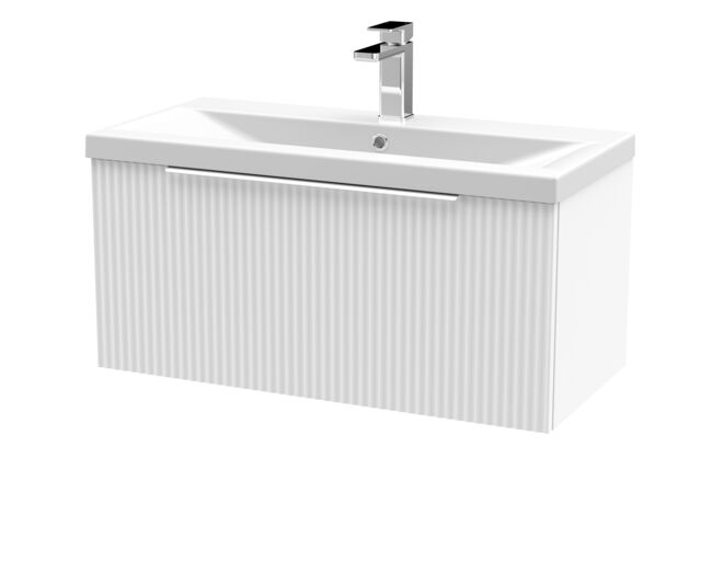 Balterley Fluted Wall Hung 1 Drawer Vanity Basin Unit with Ceramic Basin White Satin White