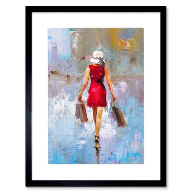 "Shopping Therapy Fashion Red Dress Woman Oil Painting 9x7"" Black Framed Wall Art Print"