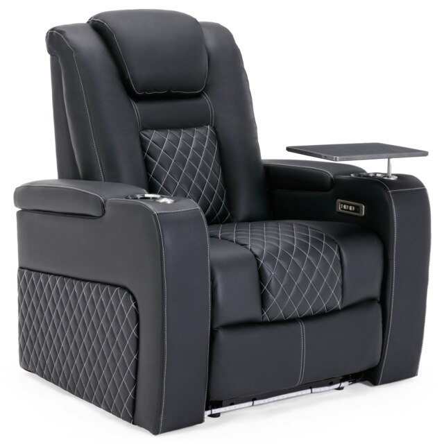 Broadway Cinema Electric Recliner Chair USB Charging LED Base w Tray (Black w White stitching)