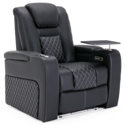 Broadway Cinema Electric Recliner Chair USB Charging LED Base w Tray (Black w White stitching)
