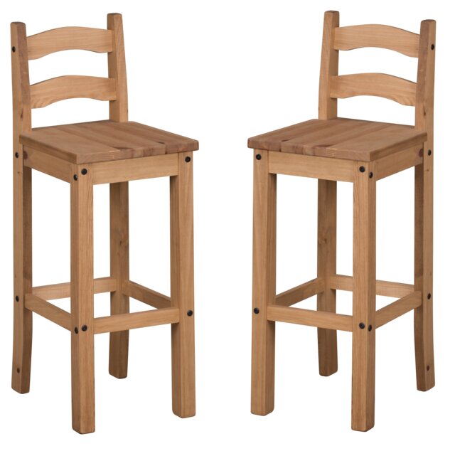 Mercers Furniture Corona Pair of Bar Stools x2 Tall Chair Kitchen Island Solid Wood Pine Wooden with Mexican Styling