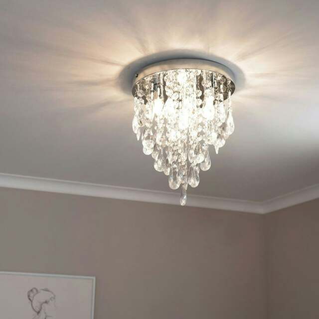 ValueLights Lara Chrome Flush Chandelier Style Acrylic Droplet Ceiling Light with LED Bulb Silver