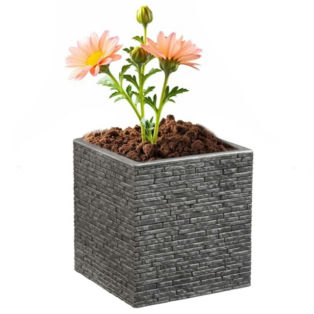 2 x Square Brick Slate Effect Patio Planters Pewter Grey Large Garden Flower Pots Grey