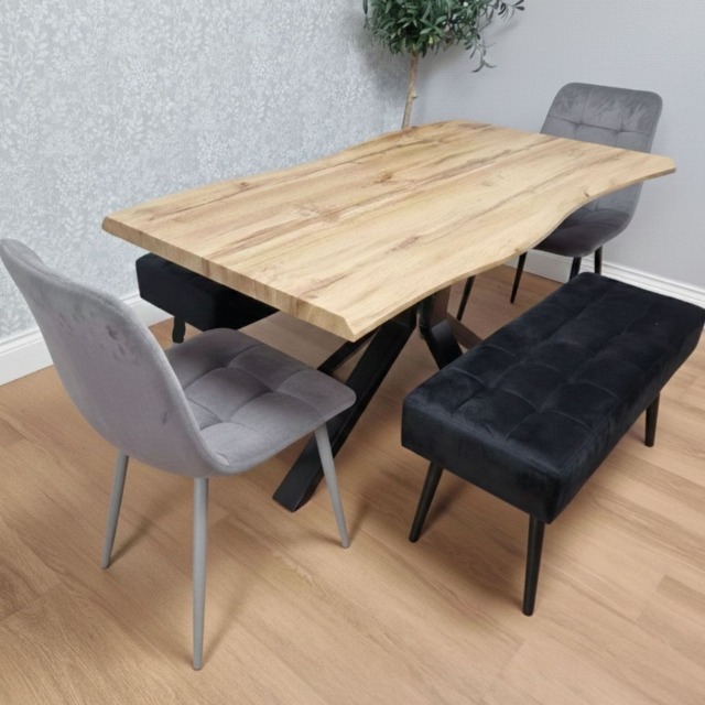 Wooden Dining Table with 2 Grey Velvet Chairs and Black Padded Benches, Dining Room Furniture